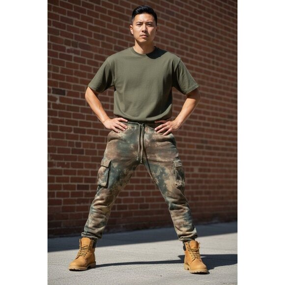 MNML Brown & Green Camo Cargo Pants L Relaxed Fit Straight Leg 100% Cotton Made - Picture 7 of 14